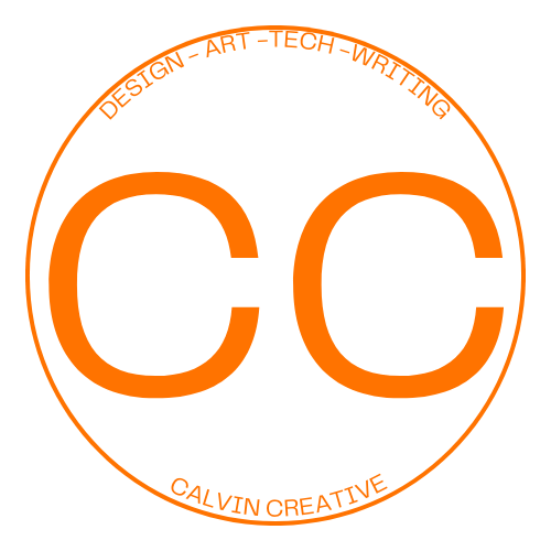 an orange circular logo  with the text Calvin Creative on the bottom